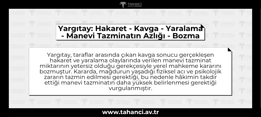 Yargıtay Hakaret - Kavga - Yaralama - Manevi Tazminatın Azlığı - Bozma - tahanci.av.tr